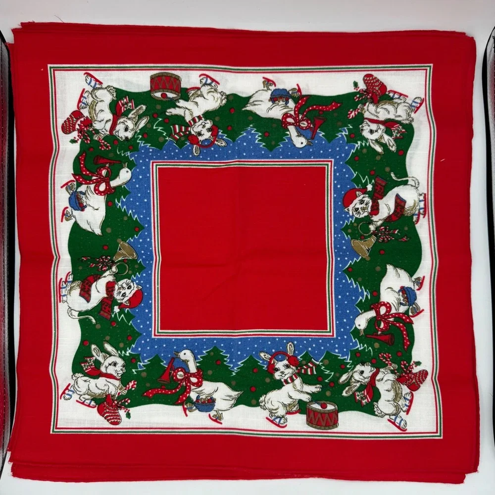 Sunweave Linen Christmas Napkins Set 4 Skating Animals Cats Bunnies Geese Red